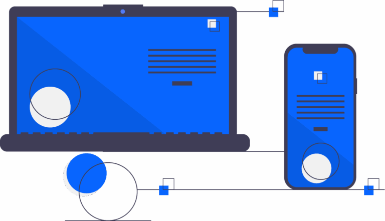 Illustration d'une plateforme unifiée sur ordinateur et mobile, symbolisant la centralisation des données avec Microsoft Fabric.