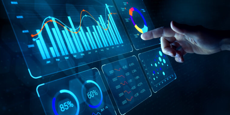 Interface numérique avec graphiques interactifs et KPI, illustrant un accompagnement opérationnel complet pour le suivi des performances et la gestion de projets.
