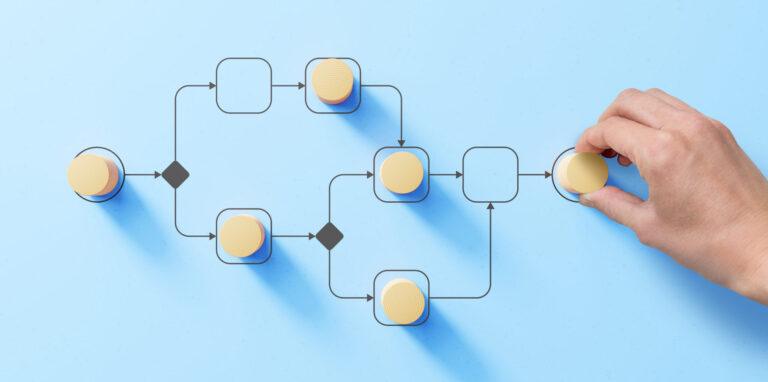Diagramme d'automatisation avec des flèches et des blocs manipulés par une main, illustrant les avantages de la gestion CRM pour automatiser les tâches répétitives.
