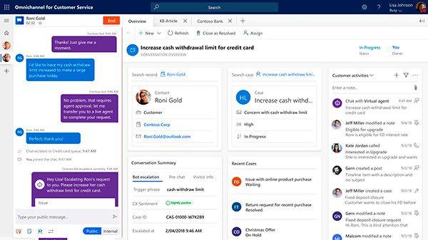Interface Microsoft Dynamics 365 Customer Service centralisant emails, appels et chat pour un support client optimisé.