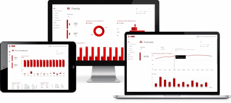Interface SwissSalary affichée sur plusieurs appareils, illustrant la gestion automatisée de la paie et des données RH en temps réel.