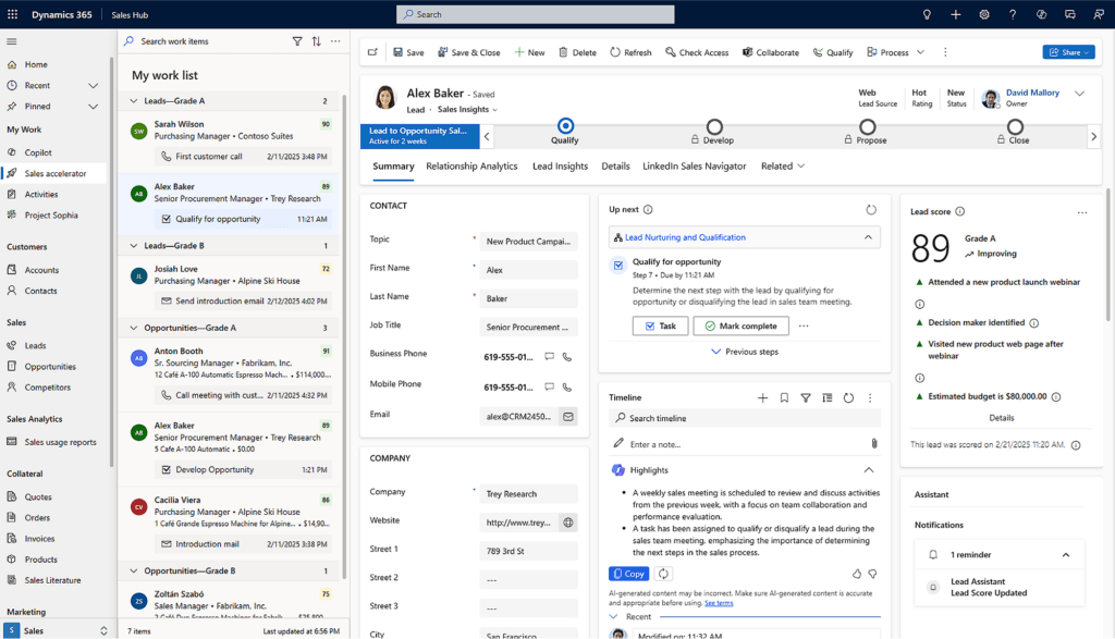 CRM PME — fiche lead Dynamics 365 Sales avec score IA, prochaines actions recommandées et résumé Copilot pour optimiser le suivi commercial
